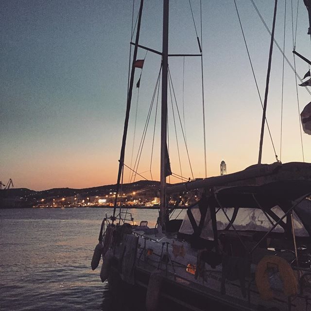 Our yacht at sunset in Syros